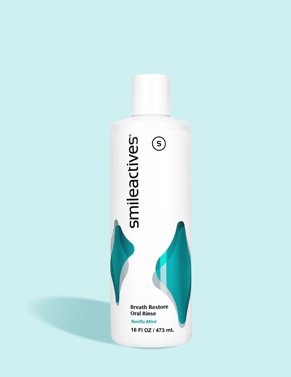 Bottle of smileactives breath restore oral rinse on a light blue background